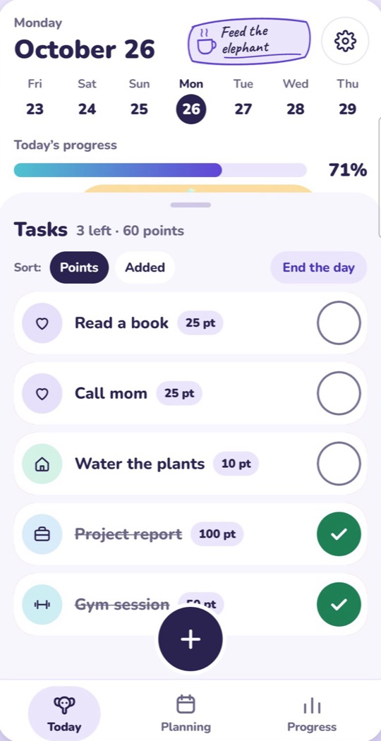 Today screen: the day's progress and the task list