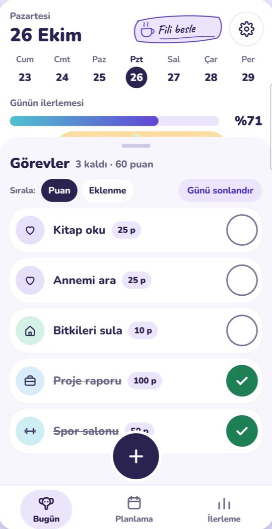 Bugün ekranı: günün ilerlemesi ve görev listesi